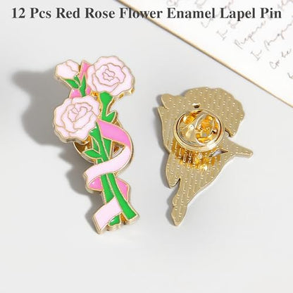 12 Pcs Red Rose Flower Enamel Lapel Pin, 1.5 inch Metal Badge Brooch for Women Men Clothes Bags Hats - style: Carnation