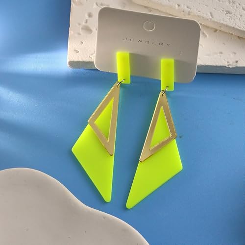 Retro 80s Neon Earrings for Women Acrylic Triangle Neon Dangle Earrings Colorful Geometric Drop Earrings Glow Party Halloween Neon Earrings - color: Yellow