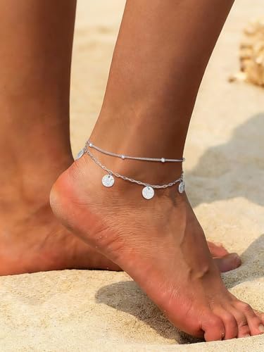 U7 Silver/Gold/Black Ankle Bracelets for Women Layered Chain Anklets | Stainless Steel Anklets Waterproof Summer Beach Anklet Charm, Adjustable 8.5"-10.5",Layered Anklet Fashion - color: Silver - Ball Chain+Paperclip Chain