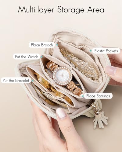 VLANDO Small Travel Jewelry Case,Velvet Pouch Bags with Zipper, Cream White | Travel Essentials,PU Leather Organizer with 5 Divided Sections,Carry-On Totes,Gift for Birthday,Bride,Bridesmaid,Women,Girls - color: A.Cream White
