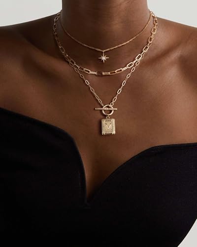 MJartoria Layered Initial Necklaces for Women | 14K Gold Plated Brass, Star Choker, Square Letter Pendant, Paperclip Chain - color: Gold, style: M