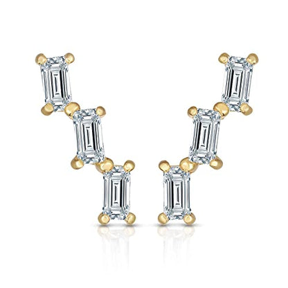 14K Yellow Gold Emerald Studded CZ Cubic Zirconia Ear Climber Earrings, Giorgio Bergamo