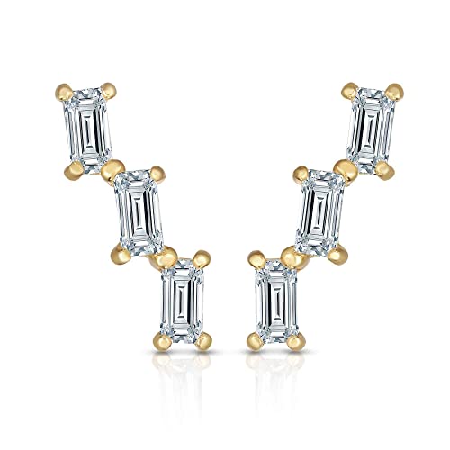 14K Yellow Gold Emerald Studded CZ Cubic Zirconia Ear Climber Earrings, Giorgio Bergamo