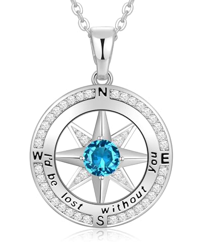 Peeshow Compass Birthstone Necklace for Women Wife, S925 Sterling Silver Gift for Wife Wedding Anniversary Birthday Gifts for Women Jewelry for Her Girlfriend I'd be Lost without You - style: 12-Dec-Turquoise