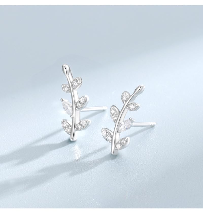 Rnivida 925 Sterling Silver Dainty Cz Climber Stud Earrings, Hypoallergenic Small Cubic Zirconia Ear Crawler Earring for Women - color: Leaf - Silver