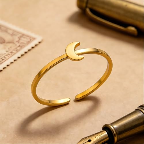 Sun and Moon Rings Stainless Steel Crescent Sun Rings for Women Gold Open Ring Middle Index Finger Jewelry Gift - color: C-Gold Moon
