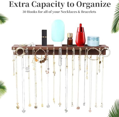 YYILIS Necklace Holder, Upgraded Extra Large Wall Necklace Organizer with 30 Hooks Wall Mounted Necklace Hanger with Jewelry Tray/Cosmetics Shelf Rustic Pine Wood Holder (Walnut) | 30 Hooks Wall Mounted Necklace Hanger with Jewelry Tray/Cosmetics Shelf Ru