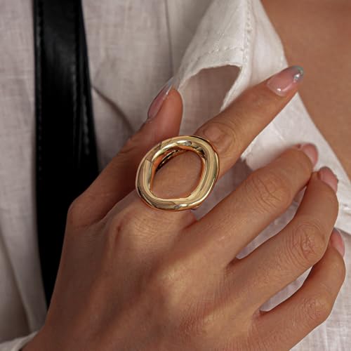 Chunky Irregular Hollow Oval Statement Ring For Women Adjustable Open Band Geometric Fashion Jewelry Gold Tone Or Silver Tone - color: Gold