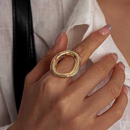 Chunky Irregular Hollow Oval Statement Ring For Women Adjustable Open Band Geometric Fashion Jewelry Gold Tone Or Silver Tone - color: Gold
