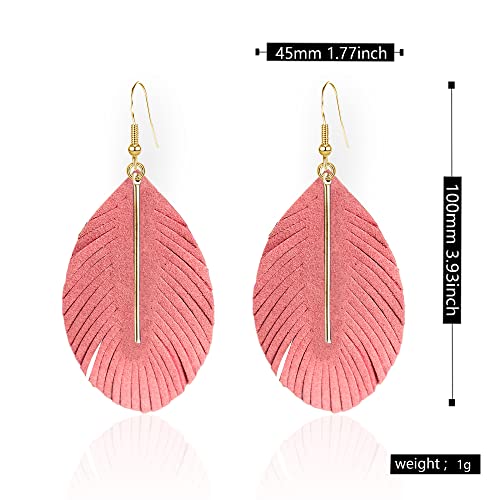 YUNXI Large Genuine Soft Leather Handmade Fringe Feather Lightweight Leaf with Simple Drop Metal Bar Tear Drop Dangle Color Earrings for Women - color: Watermelon Red