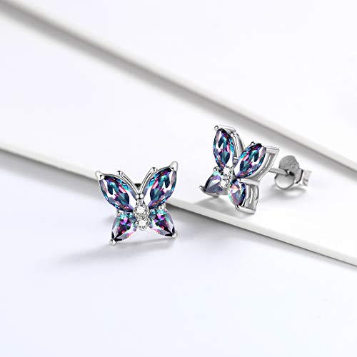 Butterfly Birthstone Stud Earrings - Women 925 Sterling Silver Butterflies Birthstone Stud Earrings Birthday Gift for Women - color: M.Mysitc