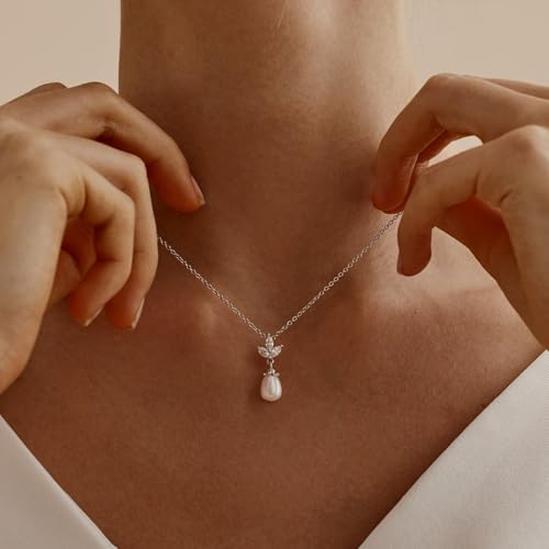 Pearl Necklaces for Women,Dainty Gold Pendant Necklaces Waterproof Jewelry | 14K Gold Plated Pearl Necklaces,Dainty Elegant Wedding Necklace,Small Cute Adjustable Minimalist Necklace,Non Tarnish Jewelry - color: SILVER-2