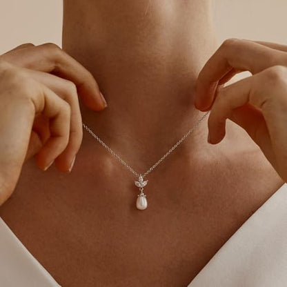 Pearl Necklaces for Women,Dainty Gold Pendant Necklaces Waterproof Jewelry | 14K Gold Plated Pearl Necklaces,Dainty Elegant Wedding Necklace,Small Cute Adjustable Minimalist Necklace,Non Tarnish Jewelry - color: SILVER-2