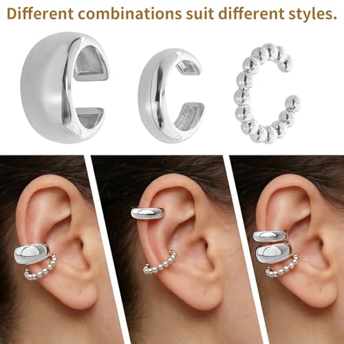 3 Pcs Ear Cuffs for Women Non Piercing Earrings Set 14K Gold/Silver Plated Ear Cuff for Non Pierced Ears Chunky Thin Clip On Earring Fake Earrings - color: Silver