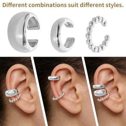 3 Pcs Ear Cuffs for Women Non Piercing Earrings Set 14K Gold/Silver Plated Ear Cuff for Non Pierced Ears Chunky Thin Clip On Earring Fake Earrings - color: Silver