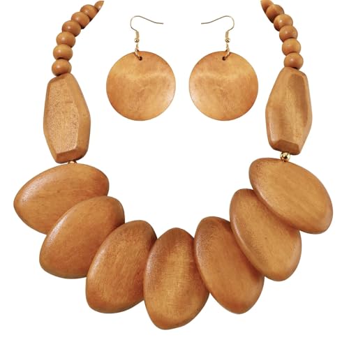 Coiris Chunky Wooden Necklace and Earring Set for Women Boho Statement Jewelry Ethnic Accessories - color: Wood