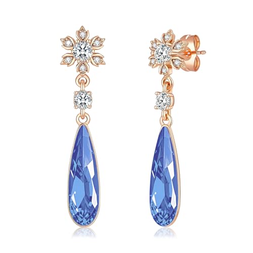 Austrian Crystal Teardrop Earrings Flower Dangle Earrings for Women 14K Gold Plated Drop Stud Earrings Hypoallergenic Jewelry - color: Bermuda Blue