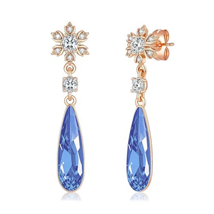 Austrian Crystal Teardrop Earrings Flower Dangle Earrings for Women 14K Gold Plated Drop Stud Earrings Hypoallergenic Jewelry - color: Bermuda Blue