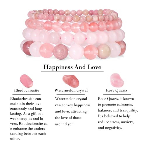 Vinswet 4pcs Beaded Bracelets for Women,Natural Healing Crystal Gemstones Bracelet,Anxiety Stress Relief Bracelet Handmade purple Jewelry Gifts for Women - color: Rhodochrosite&Watermelon crysta&Rose Quartz