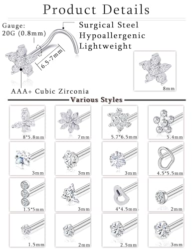 17Pcs Nose Rings Studs 20G Surgical Stainless Steel L Corkscrew Bone Shaped Nose Studs Butterfly Flower Heart Star Square Round CZ Nostril Piercing Jewelry for Women Silver Plated - style: B:Screw Shaped