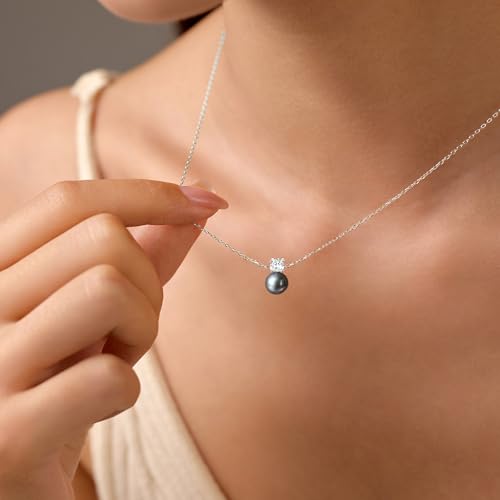 Single Black Pearl Pendant Necklace with Cubic Zirconia for Women S925 Sterling Silver Simple Crystal Pearl Drop Necklace Charm Chain Wife Daughter Birthday Wedding Graduation Jewelry Gifts - color: Silver, size: 12MM