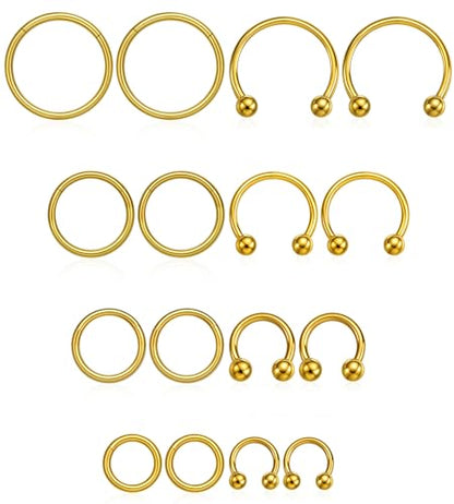 16PCS Surgical Stainless Steel Hinged Clicker Segment Horseshoe Septum Lip Eyebrow Rings 16G Nose Ring Hoop Cartilage Helix Conch Tragus Rook Daith Earrings Piercing Jewelry for Women Men 6mm 8mm 10mm 12mm - color: Gold Tone