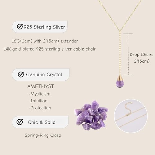 COAI 14K Gold Plated Sterling Silver Lariat Necklace for Women, Drop Dangle Trendy Y Necklace, Amethyst/Cirtine - color: Amethyst