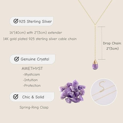 COAI 14K Gold Plated Sterling Silver Lariat Necklace for Women, Drop Dangle Trendy Y Necklace, Amethyst/Cirtine - color: Amethyst