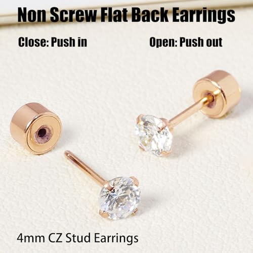 Threadless Flat Back Earrings, Hypoallergenic 14K Real Gold Plated CZ Stud Earrings | Cartilage Earring | Tragus Helix Piercing Jewelry | Push in Flatback Earrings for Women Men - color: Rose Gold, size: 4 Millimeters