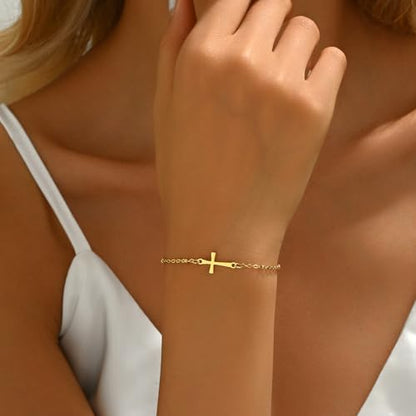18K Gold Plated Pearl Beaded Cross Bracelets for Women Adjustable Stainless Steel Dainty Thin Gold Box Cuban Twisted Link Chain Bracelet Bridesmaid Jewelry Gifts - color: Satellite Cross-Gold