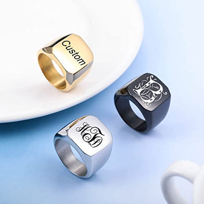 INBLUE Personalized Engraved Initial Monogram Signet Rings for Man Women Stainless Steel Rings Customize Jewelry with Ring Size Adjuster - color: Silver: Monogram