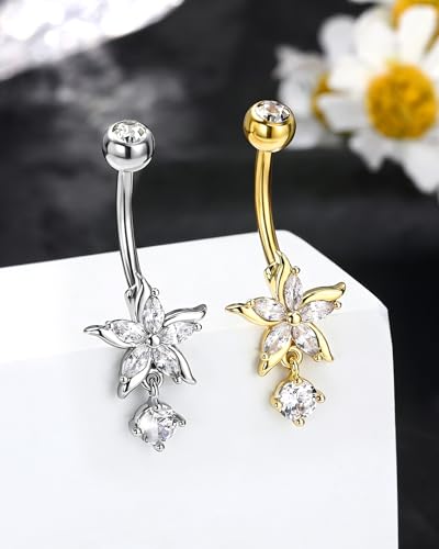 Flower Belly Button Ring 14G Dangle Navel Rings Stainless Steel Belly Button Piercing Jewelry - color: YG-10MM