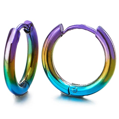 Pair Stainless Steel Oxidized Plain Circle Huggie Hinged Hoop Earrings for Men Women - color: E-Metal Color: Blue & Yellow & Purple, size: Wide:2.5MM