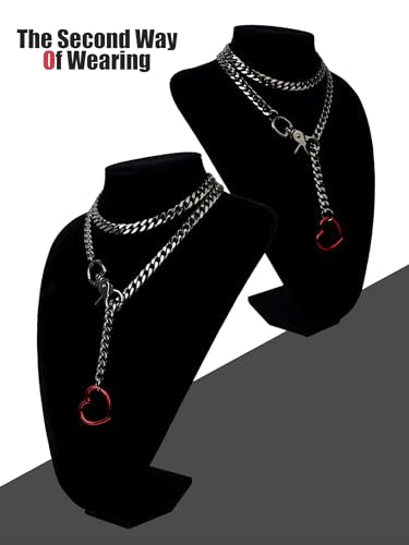 paloli Women's Slip Chain Rainbow Heart O-Ring Chunky Chain Necklace, Rays Cuban Long Layered Jewelry, Adjustable Lariat Y-Necklace Heart Loop Choker - color: C-Heart-Black-Red