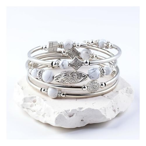 Boho Wrap Beaded Bracelet for Women – Handmade Natural Stone Jewelry – Stainless Steel Adjustable Ethnic Chic Gift - color: Natural White