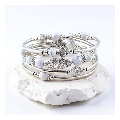 Boho Wrap Beaded Bracelet for Women – Handmade Natural Stone Jewelry – Stainless Steel Adjustable Ethnic Chic Gift - color: Natural White
