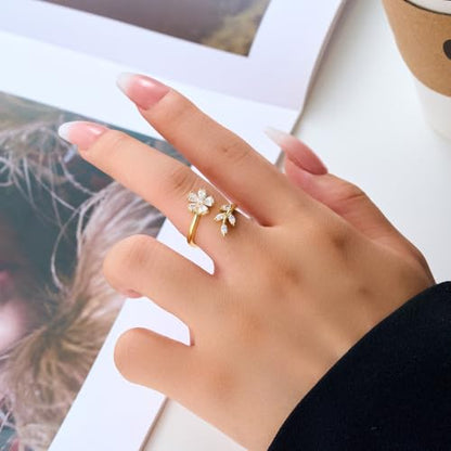Kokoma Delicate Flower Leaf Wrap Finger Ring for Women Pink Cubic Zirconia Crystal Floral Statement Ring Promise Engagement Rings Adjustable Open Band - color: White