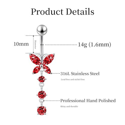 LEE&RO Belly Button Ring Dangle Stainless Steel Belly Rings 14G Belly Button Piercing Cute Navel Ring Belly Piercing Jewelry - style: 8Pcs-Red