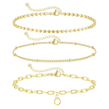 ZHESHY Gold Initial Bracelets for Women Dainty Letter A-Z Charm Bracelets Non Tarnish 14K Gold Plated Stackable Layered Paperclip Link Chain Bracelets Stack Set Personalized Gifts Womens Jewelry - color: Gold O