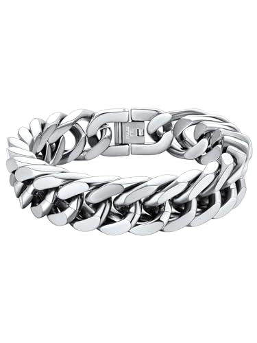 ChainsHouse Stainless Steel Cuban Link Bracelet, 6mm/8mm/12mm/17mm Width, 7.5"/8.3"/9", Black/ 18K Gold Plated Chain Wrist Bracelets for Men Women, Send Gift Box - color: E: Steel-17mm width