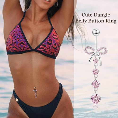 REVOLIA 14G F136 Titanium Dangle Belly Button Ring for Women Dangling Navel Ring Hypoallergenic Belly Ring Externally Threaded Barbell CZ Bow Navel Piercing Jewelry - color: Pink