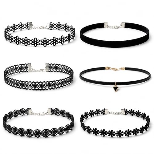 6 Pcs Black Choker Necklaces Girl Velvet Choker Set Classic Gothic Tattoo Lace Chokers Adjustable Lace Choker Necklace For Women