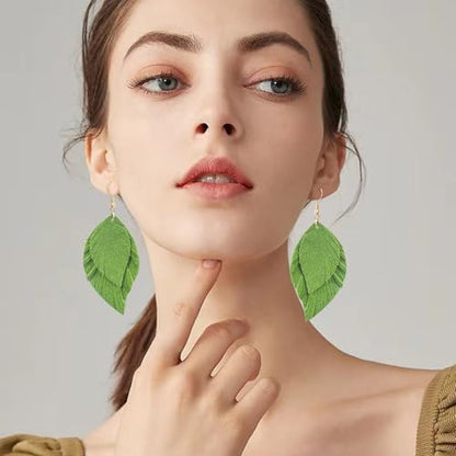 Handmade Bohemian Large Soft Genuine Leather Fringe Double Feather Dangle Drop Earrings Lightweight Simple Color PU Leaf Hook Earrings for Women - color: Green