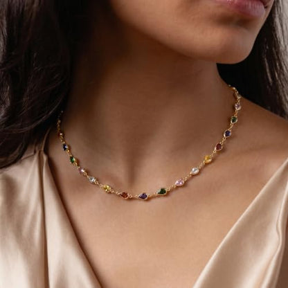 Colorful Necklace for Women,14K Gold Plated Chain With Crystal Necklace Womens Statement Cute Trendy Surfer Beach Choker Necklaces Gifts - color: Colorful Teardrop