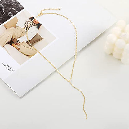 Foxgirl Lariat Gold Necklace for Women, Dainty Long Necklace 14k Gold Plated/Silver Y-Shaped Pendant Necklace Trendy Layered Cz Beaded Chain Drop Necklaces Simple Gold Jewelry For Women Gift - color: Y Necklace-GD