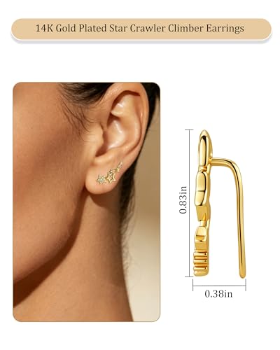 14K Gold Plated Star Ear Crawler Study Earrings Dainty Ear Climbers Earrings for Women Statement Jewelry