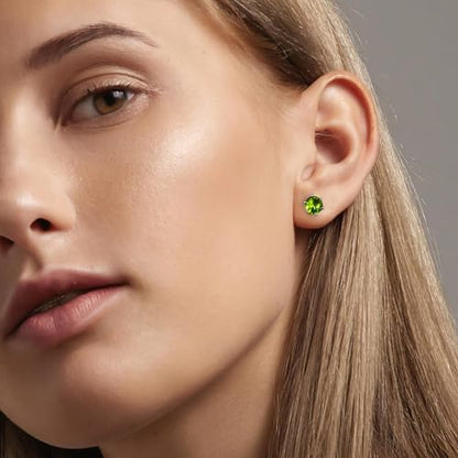 DAYBYDAY 925 Sterling Silver Birthstone Earrings for Women, Crystal Stud Earrings, 6.5mm Round Cut Solitaire Gemstone Earrings Birthday Jewelry - style: Round Cut-08. Aug/created peridot