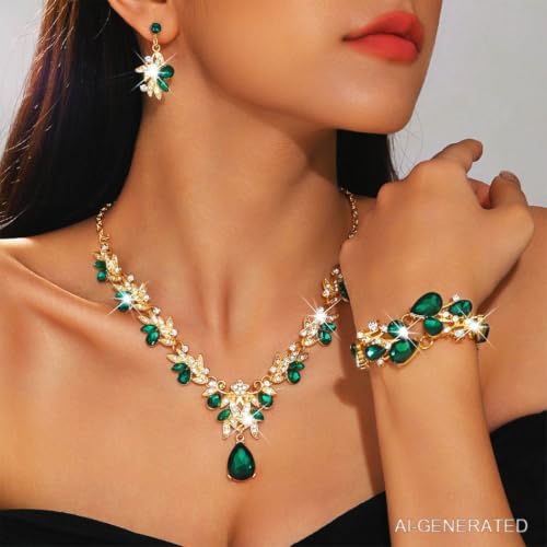 Sixexey Bridal Wedding Jewelry Set Crystal Neck Jewelry Rhinestone Wedding Prom Jewelry Accessories for Women - color: Green Crystal