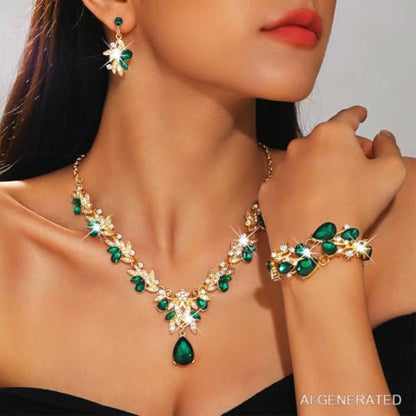 Sixexey Bridal Wedding Jewelry Set Crystal Neck Jewelry Rhinestone Wedding Prom Jewelry Accessories for Women - color: Green Crystal
