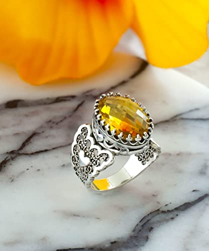 Filigranist 925 Sterling Silver Handcrafted Filigre Art Double Heart Detailed Women Cocktail Ring with Gemstones - color: Citrine